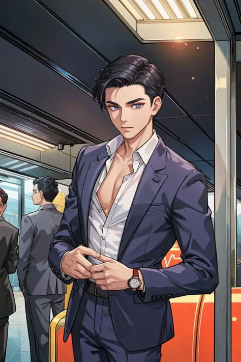 1boy, masterpiece, detailed, a gorgeous urbanite in an unbuttoned suit, slicked back black hair, checking his watch while waiting for a subway train in a bustling station, city lights in the background, 8k