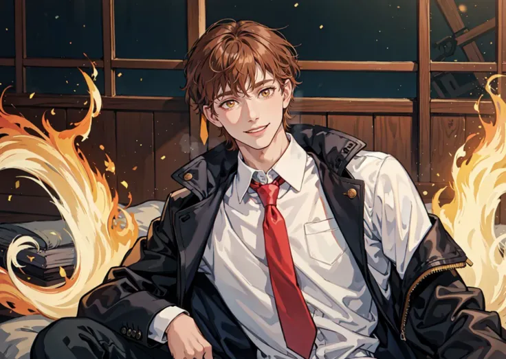 1boy, male_focus, white_shirt, shirt, solo, long_sleeves, collared_shirt, hair_between_eyes, holding, smile, looking_at_viewer, bangs, jacket, brown_hair, yellow_eyes, closed_mouth, fire, black_jacket, black_neckwear, sitting, necktie, formal, open_clothes, upper_body, vest