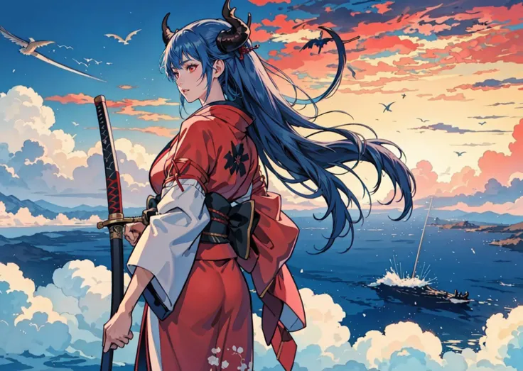 weapon, 2girls, holding, kimono, japanese_clothes, multiple_girls, sword, wide_sleeves, battle, from_behind, sash, long_hair, staff, scarf, holding_weapon, holding_sword, sky, obi, long_sleeves, sheath, cloud, horns, blue_hair, red_scarf, dragon, standing