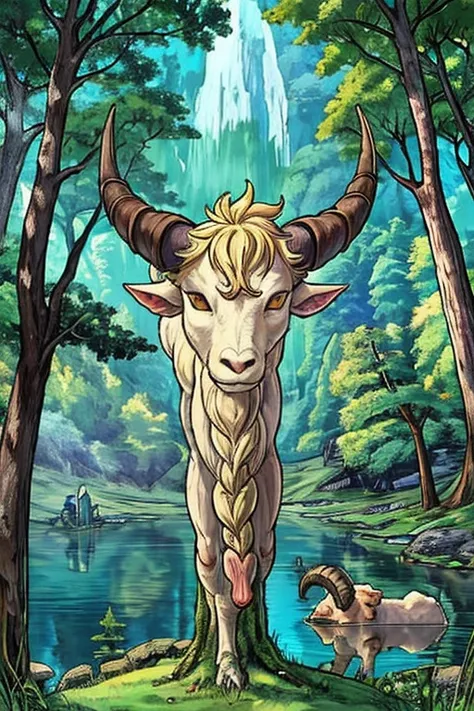 satyr, hairy, ram horns, forest, lake, fantasy, mystical, penis, painting, vivid colors