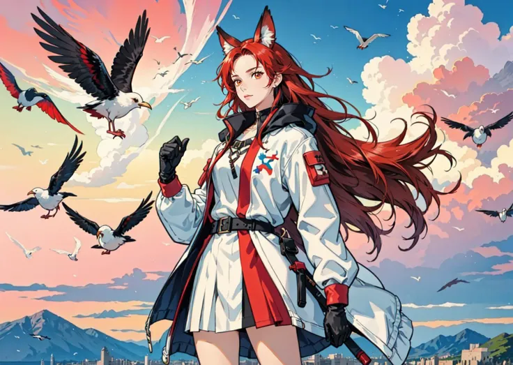 1girl, animal, animal ears, bird, black hair, brown eyes, cloud, crow, gloves, holding, jacket, long hair, long sleeves, looking at viewer, multicolored hair, official alternate costume, outdoors, red hair, seagull, sky, standing, sword, texas \(arknights\), two-tone hair, weapon, white jacket