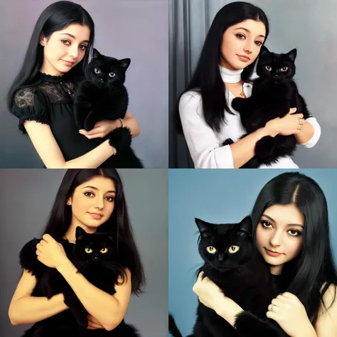 <lora:gvgvs-000003:1> gvgvs, woman, holding fluffy black cat