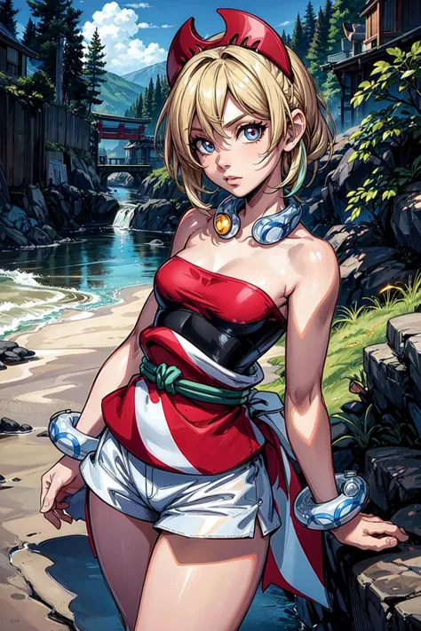 thick outlines, comics, photorealistic, perfect hands, masterpiece:1.2, colorful, 1girl, solo, small breast, <lora:irida_(pokemon)_v1:0.6>, aairida, short hair, red hairband, neck ring, collar, strapless shirt, red shirt, bracelet, sash, waist cape, white shorts, bare legs, japanese feudal town, detailed face, detailed eyes, <lora:add_detail:0.7>