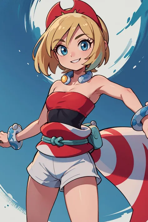 ((masterpiece,best quality)), absurdres, <lora:irida_(pokemon)_v1:0.7>, aairida, short hair, red hairband, neck ring, collar, strapless shirt, red shirt, bracelet, sash, waist cape, white shorts, bare legs, solo, smiling, looking at viewer, cowboy shot, cinematic composition, dynamic pose, contrapposto,