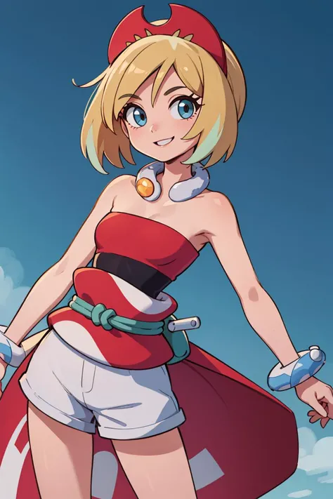 ((masterpiece,best quality)), absurdres, <lora:irida_(pokemon)_v1:0.7>, aairida, short hair, red hairband, neck ring, collar, strapless shirt, red shirt, bracelet, sash, waist cape, white shorts, bare legs, solo, smiling, looking at viewer, cowboy shot, cinematic composition, dynamic pose, contrapposto,