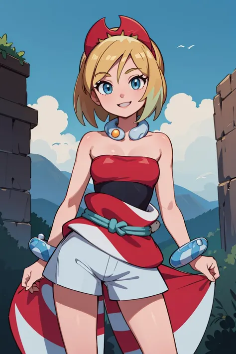 ((masterpiece,best quality)), absurdres, <lora:irida_(pokemon)_v1:0.7>, aairida, short hair, red hairband, neck ring, collar, strapless shirt, red shirt, bracelet, sash, waist cape, white shorts, bare legs, solo, smiling, looking at viewer, cowboy shot, cinematic composition, dynamic pose, contrapposto,