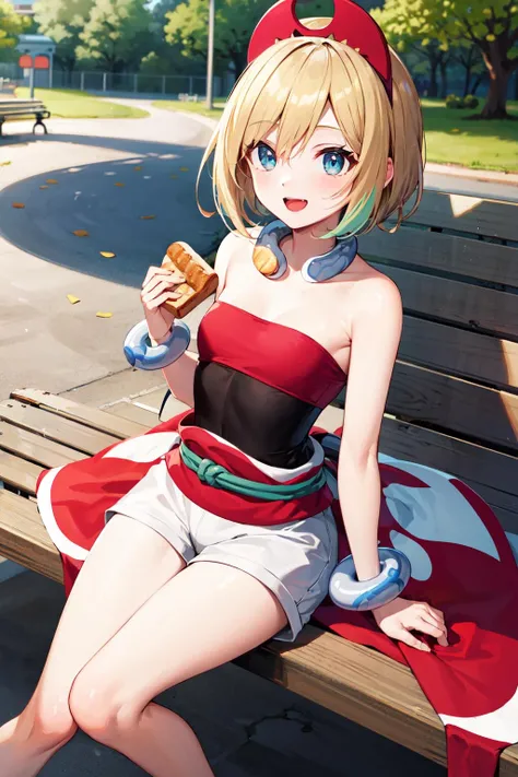 masterpiece, best quality, highres, aairida, short hair, red hairband, neck ring, collar, strapless shirt, red shirt, bracelet, sash, waist cape, white shorts, bare legs, <lora:irida_(pokemon)_v1:0.7>, sitting, park bench, food, bread, eating, open mouth, smile, looking at viewer,
