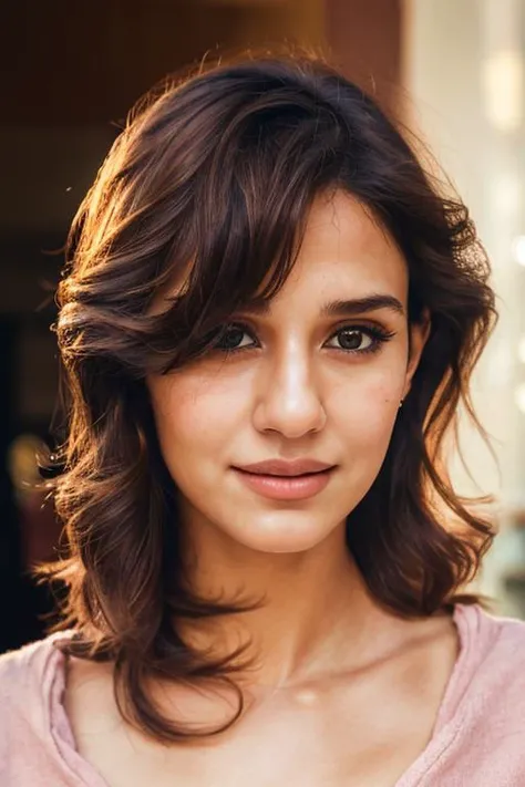 A beautiful n40m1s woman, 1girl,solo,looking at viewer,smile,brown hair,shirt,black hair,jewelry,earrings,teeth,collared shirt,medium hair,grin,blurry,blurry background,portrait,realistic,soft lighting, professional Photography, Photorealistic, detailed, RAW, analog, sharp focus, 8k, HD, high quality, masterpiece<lora:n40m1s:1.0>