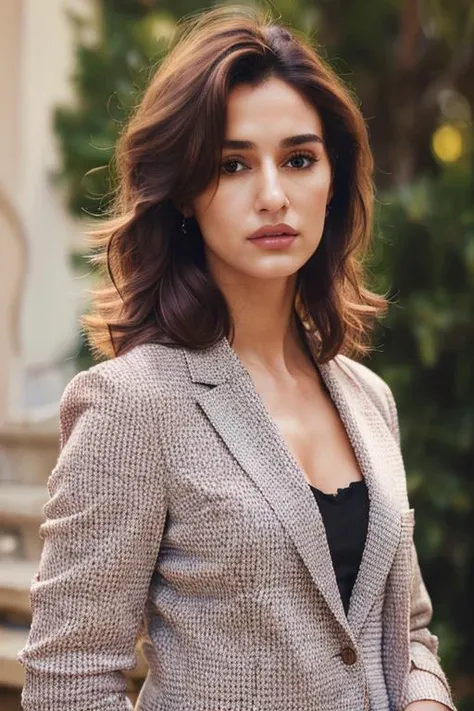 Photo of a woman, highres, (((photorealistic))), ((best quality)), ((masterpiece)), (soft even lighting), (medium body photo),realistic style, looking at the viewer), ((wearing stylish blazer)), eye contact, ((medium hair)), <lora:Disha_Patani-10:0.9>