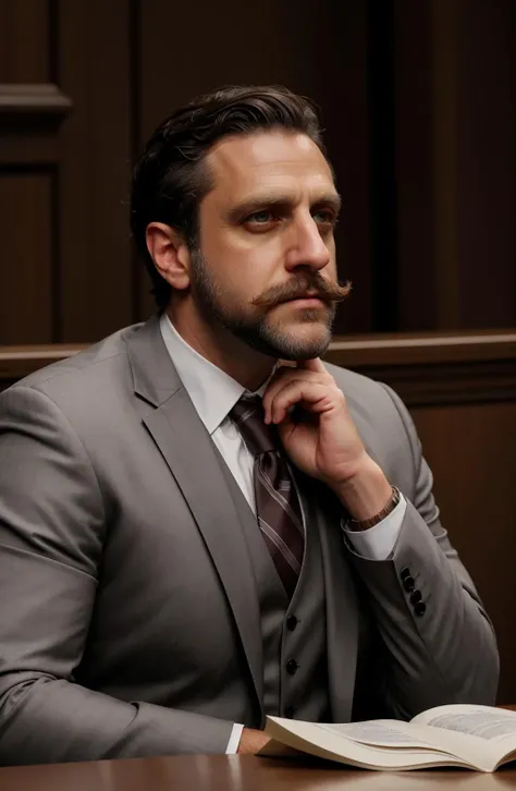 Raule Esparza, masterpiece, best quality, 1boy, full body, brown eyes, short brown|grey hair, thick beard and mustache, closed mouth silver suit and tie, short hair, background: sitting at a table inside of a court room, solo, <lora:Raule Esparza-000002:1>