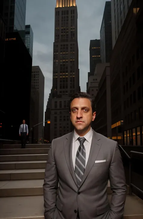 Raule Esparza, masterpiece, best quality, 1boy, full body, brown eyes, short brown|grey hair, closed mouth, , looking at viewer, shirt, short hair, background: standing in front of a newyork skyscraper, stone stairs, solo, Lawyer suit and tie , <lora:Raule Esparza-000002:1>