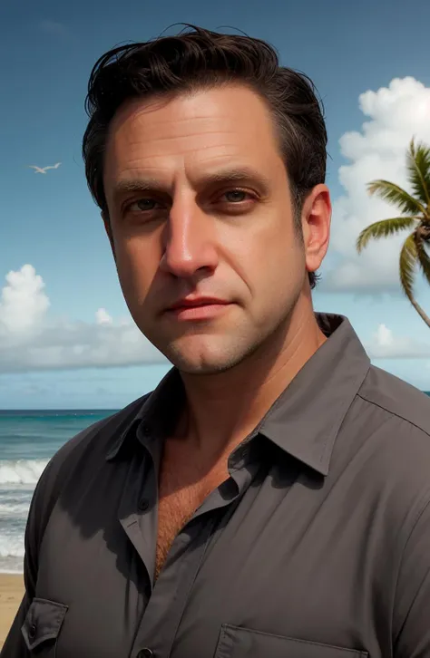 Raule Esparza, masterpiece, best quality, 1boy, full body, brown eyes, short brown|grey hair, closed mouth, , looking at viewer, hawaiian shirt, short hair, background: beach with an ocean background, clouds, palm tree, solo, <lora:Raule Esparza-000002:1>