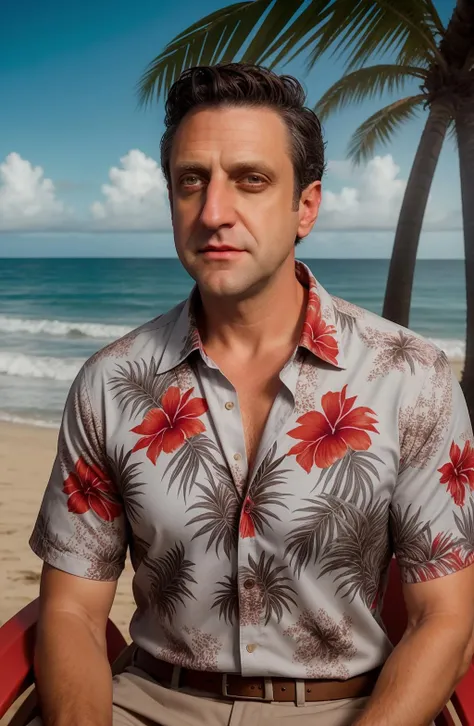 Raule Esparza, masterpiece, best quality, 1boy, full body, brown eyes, short brown|grey hair, closed mouth, , looking at viewer, red flower hawaiian shirt, short hair, background: sitting down in a beach chair with an ocean background, clouds, palm tree, solo,  <lora:Raule Esparza-000002:1>