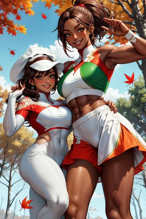 high quality, dynamic angle, under autumn colored trees, falling leaves, natural lighting,
BREAK (tag team):1.23, 2 tanned skin color Latin American females in [red, green, white] colors based intricate grid girls style design professional wrestling attire, invigorating, positive, toned body with a little fat, moderate abs, medium large breasts, long nose, clear brown eyes, smile, lips, thigh bands,  OverallDetail, <lora:OCLS_hoodie:0.46>, OCLS