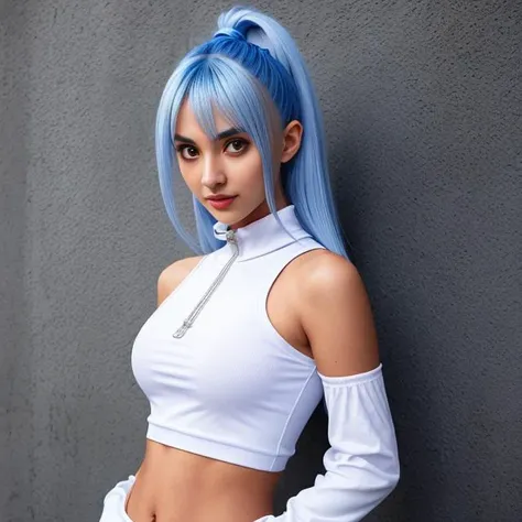 wide shot, mile, sweet and cute design outfit, blue OCLS, navel, toned body, slim face, long nose, (clear eyes), confidence smile, a __haircolor__ __hairstyle__ extremely cute 20 years old street fighter girl facing a brutal male villain, OverallDetail, <lora:OCLS_hoodie:0.7>, OCLS