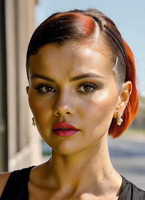 portrait of sks woman by Flora Borsi, style by Flora Borsi, bold, bright colours, orange Mohawk haircut, ((Flora Borsi)), <lora:locon_selenagomez_v1_from_v1_64_32:1.25>