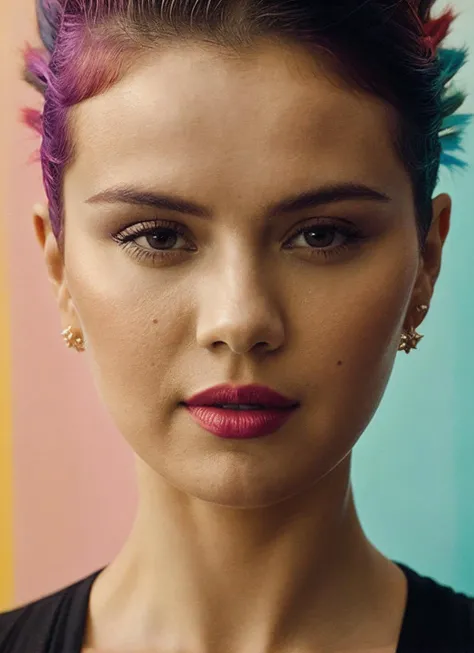 portrait of sks woman by Flora Borsi, style by Flora Borsi, bold, bright colours, rainbow Mohawk haircut, ((Flora Borsi)), <lora:locon_selenagomez_v1_from_v1_64_32:1>