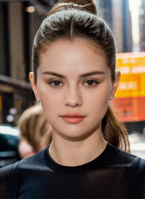 photo of sks woman, pale skin, working class in new york city, upper body, detailed skin, 20 megapixel, canon eos r3, detailed, detailed face, <lora:locon_selenagomez_v1_from_v1_64_32:1>