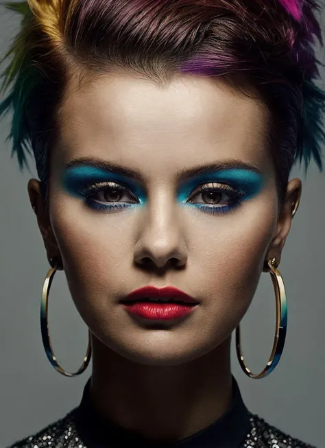 portrait of sks woman by Flora Borsi, style by Flora Borsi, bold, bright colours, rainbow Mohawk haircut, ((Flora Borsi)), <lora:locon_selenagomez_v1_from_v1_64_32:1>