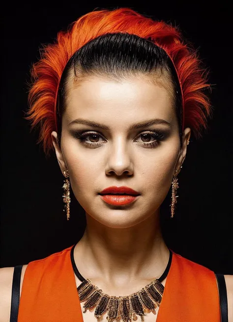 portrait of sks woman by Flora Borsi, style by Flora Borsi, bold, bright colours, orange Mohawk haircut, ((Flora Borsi)), <lora:locon_selenagomez_v1_from_v1_64_32:1>