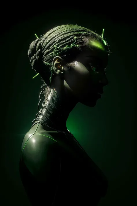 RAW photo of An enigmatic close-up photograph capturing the ethereal beauty of a mysterious woman with intricate biomechanical details on her anatomical face, wires connected to head, metal, green spotlight, dark theme, (high detailed skin:1.2), silhouetted against the bright light, 8k uhd, dslr, soft lighting, high quality, film grain, Fujifilm XT3, <lora:spotlight:0.6>