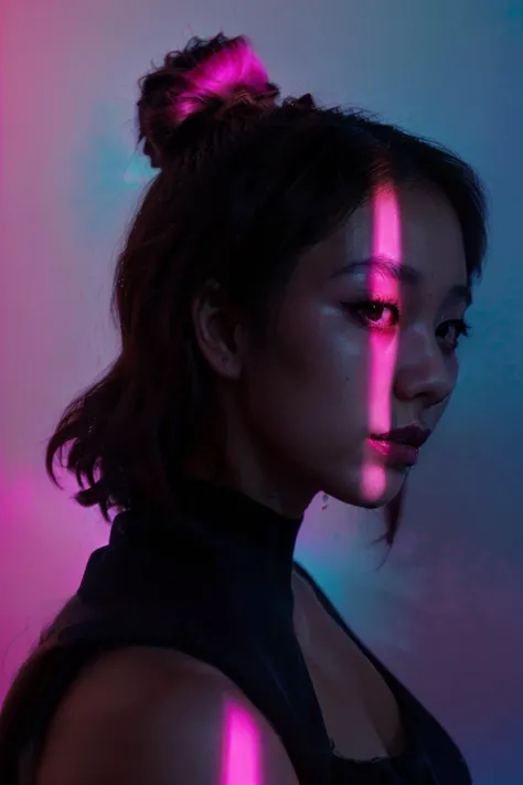 1 asian girl,profile,spotlight,from below,looking at viewer,parted lips,beautiful detailed skin,pink theme,blue background,colorful,dark intense shadows,<lora:spotlight-0:0.9>,