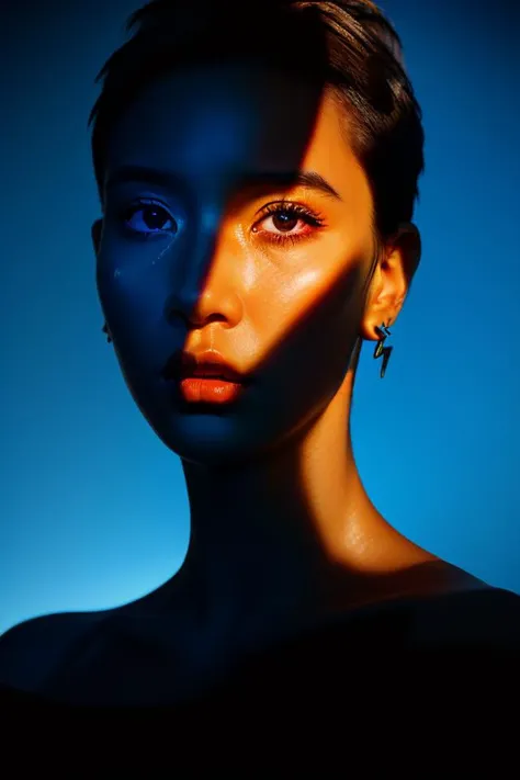 masterpiece,best quality,ultra highres,Professional,Vivid Colors,physically-based rendering,sharp focus,extreme detail description,
1girl,yellow spotlight,dark theme,blue shadow,upper body,beautiful detailed skin,tearing_up,looking at viewer,parted lips,very short brown hair,Earring,(dark background:1.2),<lora:spotlight-0:0.9>,