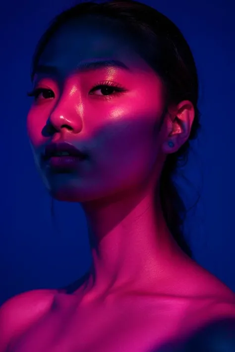 spotlight,1 asian girl,portrait,pink theme,looking at viewer,dark intense shadows,parted lips,blue background,beautiful detailed skin,<lora:spotlight-0:0.6>,