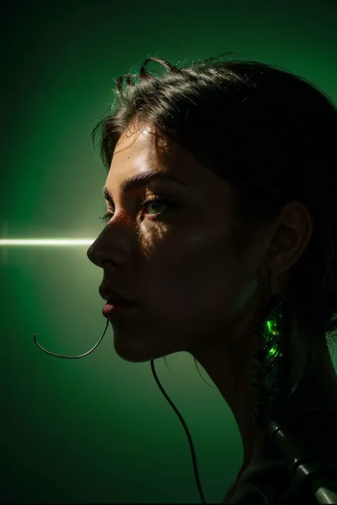 RAW photo of An enigmatic close-up photograph capturing the ethereal beauty of a mysterious woman with intricate biomechanical details on her anatomical face, wires, metal, green spotlight, dark theme, (high detailed skin:1.2), silhouetted against the bright light, 8k uhd, dslr, soft lighting, high quality, film grain, Fujifilm XT3, <lora:spotlight:0.6>