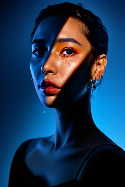 masterpiece,best quality,ultra highres,Professional,Vivid Colors,physically-based rendering,sharp focus,extreme detail description,
1girl,yellow spotlight,dark theme,blue shadow,upper body,beautiful detailed skin,tearing_up,looking at viewer,parted lips,very short hair,Earring,(dark background:1.2),<lora:spotlight-0:0.9>,