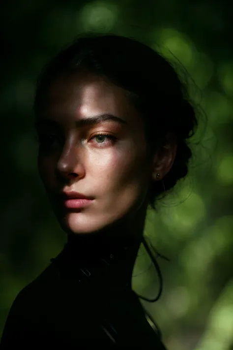 RAW photo of An enigmatic close-up photograph capturing the ethereal beauty of a mysterious woman with intricate biomechanical details on her anatomical face, wires connected to head, metal, green spotlight, dark theme, (high detailed skin:1.2), silhouetted against the bright light, 8k uhd, dslr, soft lighting, high quality, film grain, Fujifilm XT3, <lora:spotlight:0.6>