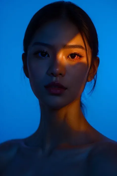 1 asian girl,portrait,yellow spotlight,dark theme,looking at viewer,parted lips,beautiful detailed skin,blue background,<lora:spotlight-0:0.9>,