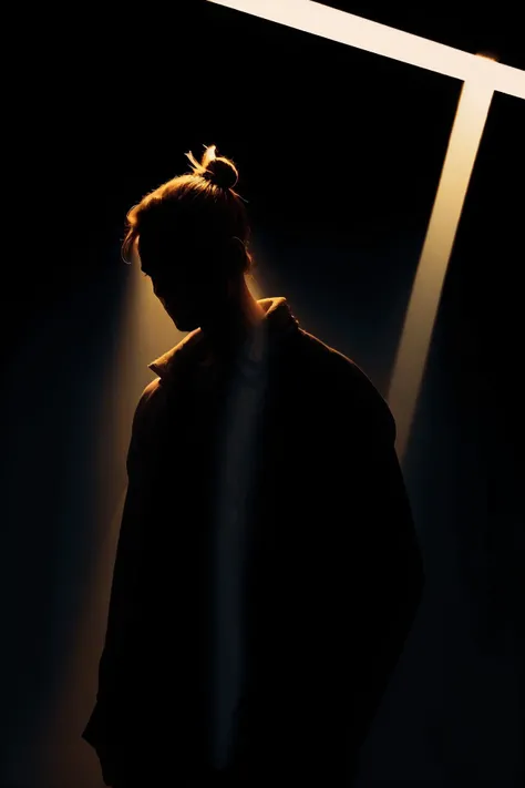 1man,spotlight,silhouette,looking at viewer,cowboy shot,hair bun,gallus,random background,random background,dark theme,<lora:DarkLighting:0.7>,