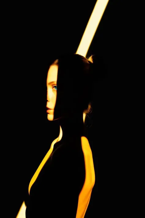 1girl,spotlight,silhouette,looking at viewer,cowboy shot,hair bun,gallus,simple background,yellow background,dark theme,<lora:spotlight:0.6>,