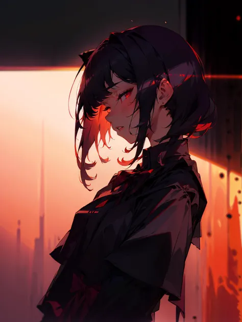 ((masterpiece)), ((ultra-detailed)), pixiv, best shadows, best lighting, best quality, absurdres, highres, cinematic shot, rim lighting, extremely detailed, <lora:DarkLighting:1> 1girl, red spotlight, dark violet theme, solo, black hair, school uniform, red eyes, shirt, long hair, pinafore dress, white shirt, ringed eyes, ribbon, from side, collared shirt, profile, looking at viewer, bangs, upper body, black ribbon, dress, sideways glance, parted lips, neck ribbon, medium hair