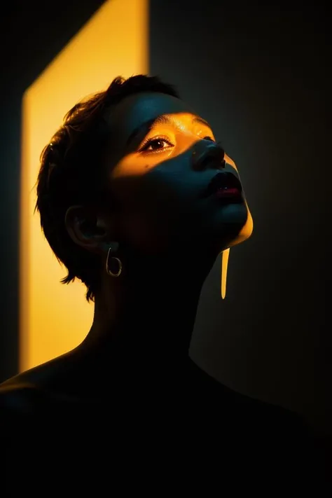 masterpiece,best quality,ultra highres,Professional,Vivid Colors,physically-based rendering,sharp focus,extreme detail description,
1girl,yellow spotlight,dark theme,upper body,beautiful detailed skin,looking up,tearing_up,looking at viewer,parted lips,very short brown hair,Earring,(dark background:1.2),<lora:spotlight-0:0.9>,