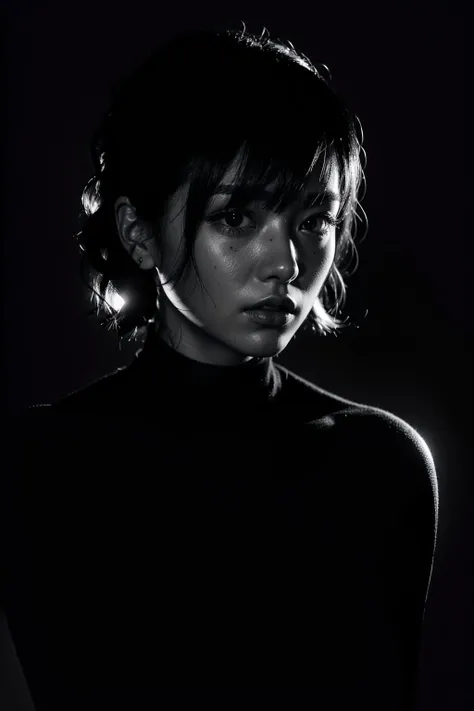 (realistic:1.3), finely detailed, quality, (masterpiece:1.2), (photorealistic:1.2), (best quality), (detailed skin:1.3), (intricate details), dramatic, 1girl, japanese girl, 21 years old, detailed skin texture, (blush:0.5), (goosebumps:0.5), serious expression, medium breasts, short hair curls, bangs, hair between eyes, close up portrait shot, dark background, (detailed shadows, monochrome, black and white photo, silhouette, 1girl, spotlight, dark theme:1.4), <lora:spotlight:0.3>