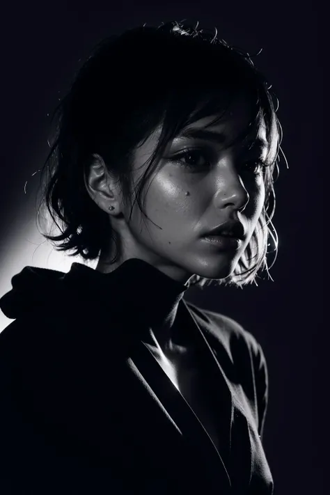 (realistic:1.3), finely detailed, quality, (masterpiece:1.2), (photorealistic:1.2), (best quality), (detailed skin:1.3), (intricate details), dramatic, 1girl, japanese girl, 21 years old, detailed skin texture, (blush:0.5), (goosebumps:0.5), serious expression, medium breasts, short hair curls, bangs, hair between eyes, close up portrait shot, dark background, (detailed shadows, monochrome, black and white photo, silhouette, spotlight, dark theme:1.4), <lora:spotlight:0.3>