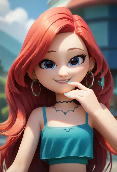masterpiece,best quality, highly detailed, score_9, score_8_up, score_7_up, score_6_up,<lora:xl_more_art-full_v1:0.8>,source_anime,
BREAK
<lora:chelsea:0.8>chelsea, 1girl, jewelry, earrings, long hair, solo, smile, red hair, hoop earrings, crop top, nail polish, necklace, midriff, upper body, choker, hand up, blurry, shirt, looking at viewer, blue shirt, camisole, blurry background