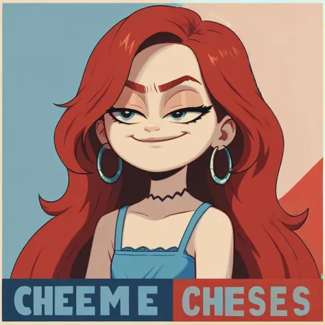 score_9, score_8_up, score_7_up, score_6_up, best quality, solo,2D BREAK,
<lora:chelseaXL:0.9> chelsea, very long hair, red hair, neklace, hoop earrings, looking right, looking into the distance, smug, blue camisole, BREAK,
<lora:sdxlpony_campaign:1.2> campaign, flat colors, red theme, posterized, only red and blue colors, high contrast, two tone background,