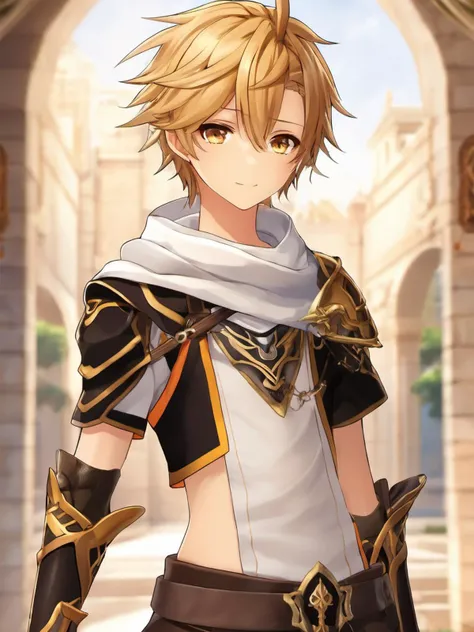 anime artwork <lora:Aether-Genshin-ImpactV1.2:0.65>, a photo of young boy aether, ahoge, black gloves, blonde hair, golden eyes, complex background, brown shirt, earrings, white scarf, braid, standing with serious looking, high quality, 8k, soft shadows, dystopia, full body shot , (masterpiece, best quality, ultra-detailed, best shadow), shoulder armor, armor, magic, (detailed background),depth of field, (male, young boy), symbol-shaped_pupils, looks like 15 years old, sora, curly blonde hair with braid on the back, detail shot, short sleeves, bellybutton shown a little . anime style, key visual, vibrant, studio anime, highly detailed
