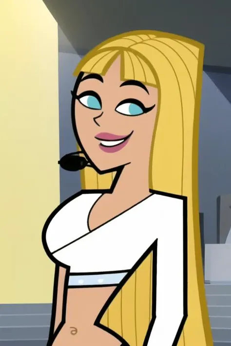 <lora:britney_britney:1>, britney britney, masterpiece, best quality, 1girl, breasts, solo, cleavage, blonde hair, blue eyes, long hair, crop top, smile, shirt, white shirt, large breasts, upper body, midriff, bangs, off shoulder, blunt bangs, makeup, microphone, headset, open mouth, teeth, long sleeves, very long hair, meme, style parody, cropped shirt