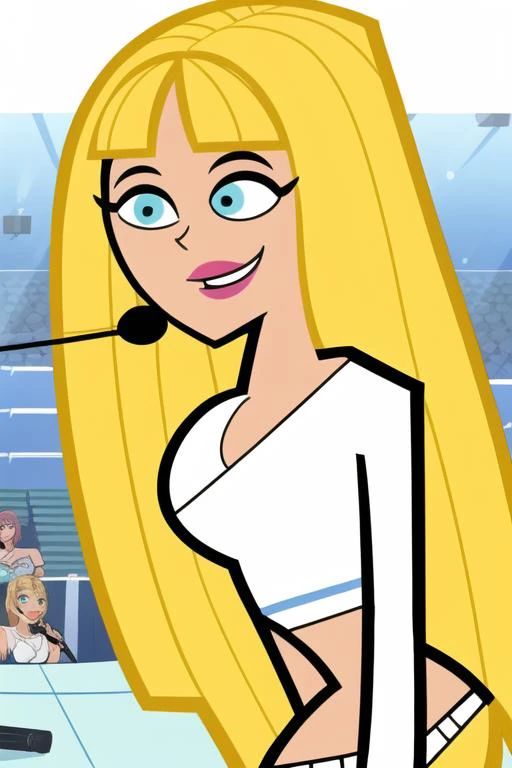 <lora:britney_britney:1>, britney britney, masterpiece, best quality, 1girl, breasts, solo, cleavage, blonde hair, blue eyes, long hair, crop top, smile, shirt, white shirt, large breasts, upper body, midriff, bangs, off shoulder, blunt bangs, makeup, microphone, headset, open mouth, teeth, long sleeves, very long hair, meme, style parody, cropped shirt