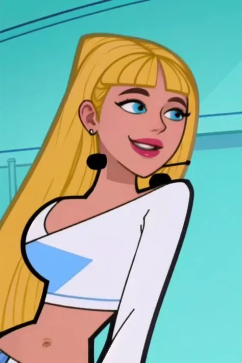 <lora:britney_britney:1>, britney britney, masterpiece, best quality, 1girl, breasts, solo, cleavage, blonde hair, blue eyes, long hair, crop top, smile, shirt, white shirt, large breasts, upper body, midriff, bangs, off shoulder, blunt bangs, makeup, microphone, headset, open mouth, teeth, long sleeves, very long hair, meme, style parody, cropped shirt