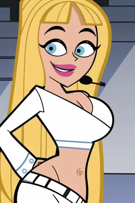 <lora:britney_britney:1>, britney britney, masterpiece, best quality, 1girl, breasts, solo, cleavage, blonde hair, blue eyes, long hair, crop top, smile, shirt, white shirt, large breasts, upper body, midriff, bangs, off shoulder, blunt bangs, makeup, microphone, headset, open mouth, teeth, long sleeves, very long hair, meme, style parody, cropped shirt