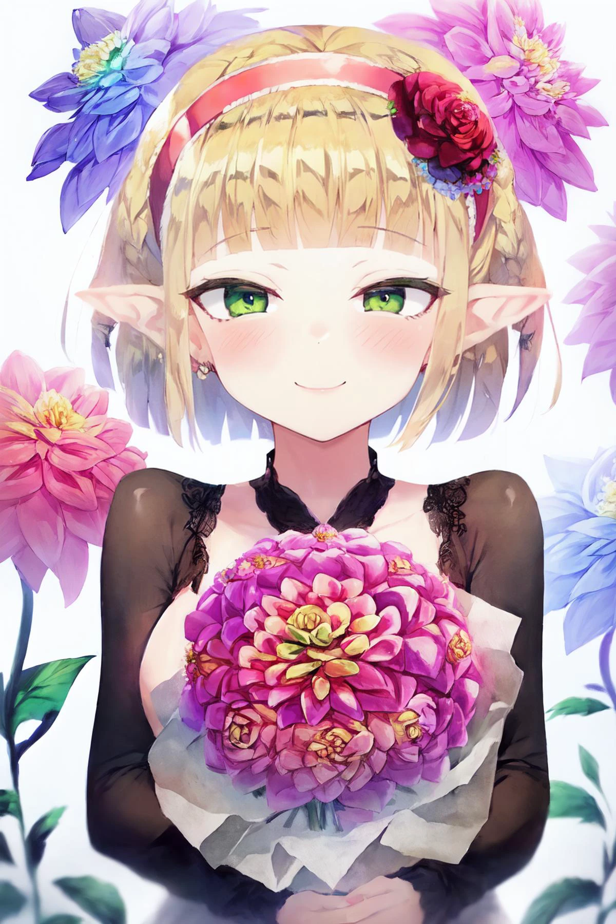 (Dahlia flowers:1.2), colored pencil \(medium\), (dreamy watercolor), (high saturation:1.2), global illumination, subsurface scattering, cute girl (green eyes:1.2) (blonde blunt bangs bob hair:1.2) pointy ears (pink hairband:1.2) (flat:1.2) chest, long sleeve, Casual Dress
(Dahlia flowers), (holding Dahlia bouquet:1.2),
portrait,
shy, smile, blush
(floral background:1.4)
<lora:GoodHands-beta2:1:lbw=MIDD> <lora:Outline:-2> <lora:Lit:0.66>