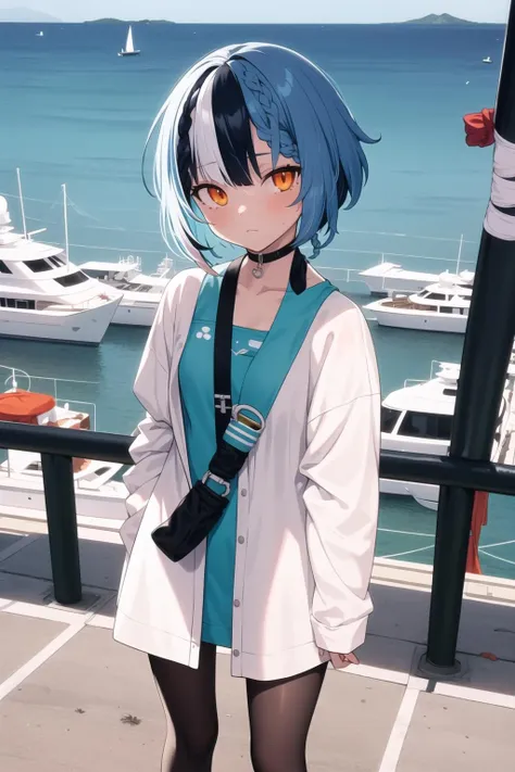 1girl, solo,(intricate blue hair,streaked hair,shaggy cut,french braid:1.2),(orange eyes:1.1),(yacht,sea side:1.2),Streetwear outfit,sporty fashion <lyco:Clothing_brand:0.6>