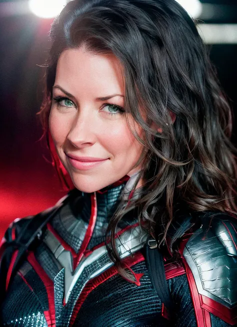 portrait of a Evangeline Lilly smiling in a superhero black, grey and red suit posing for a picture, background __background__ epic (photo, studio lighting, hard light, sony a7, 50 mm, matte skin, pores, colors, hyperdetailed, hyperrealistic), <lyco:Evangeline Lilly:1.2>