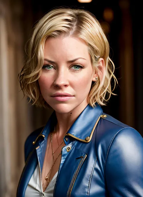 photo of a beautiful woman, (black leather coat white silk shirt:1.2), short hair, blonde hair, detailed face, detailed eyes, upper body focus, mouth closed, smile, looking at viewer, (simple background:1.2),  