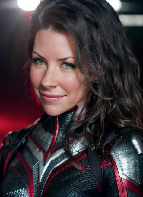 portrait of a Evangeline Lilly smiling in a superhero black, grey and red suit posing for a picture, background lake epic (photo, studio lighting, hard light, sony a7, 50 mm, matte skin, pores, colors, hyperdetailed, hyperrealistic), <lyco:Evangeline Lilly:1.2>